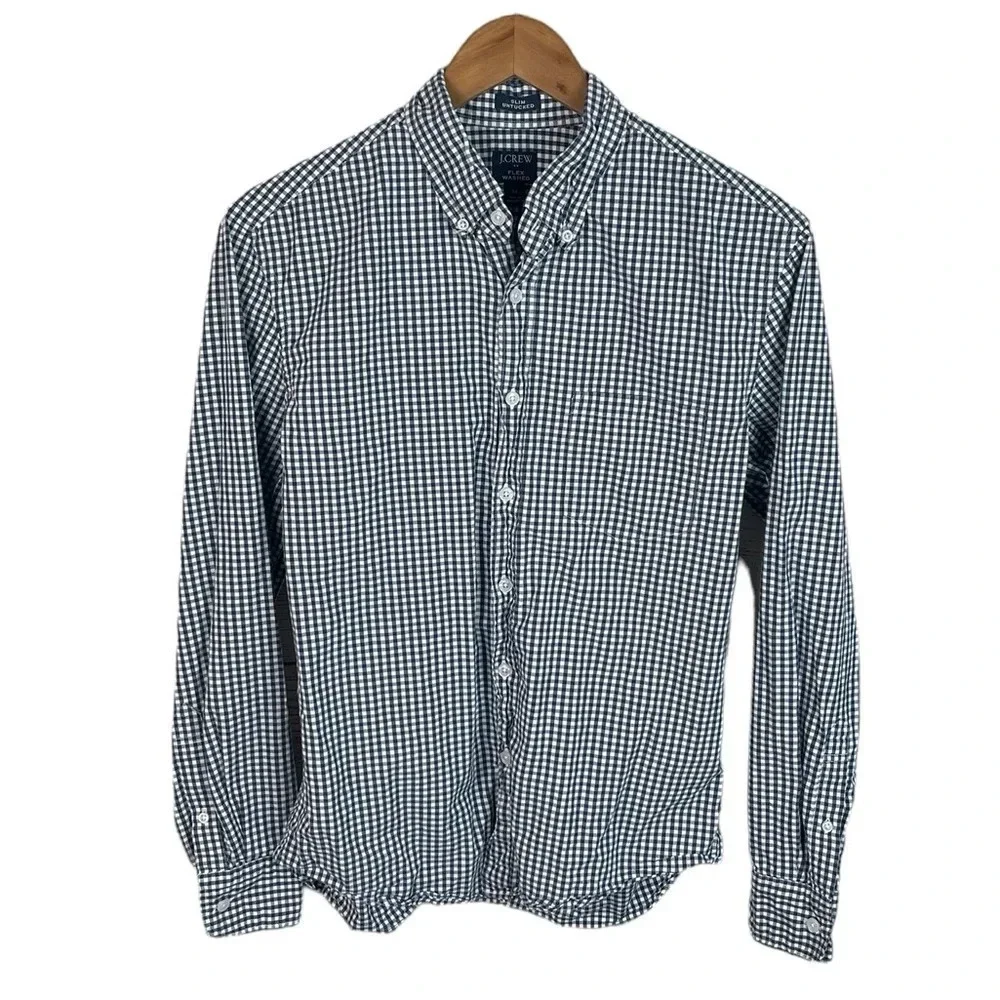 BF1306 Men’s J. Crew Flex Washed SLIM Untucked Gingham Print Button Shirt M